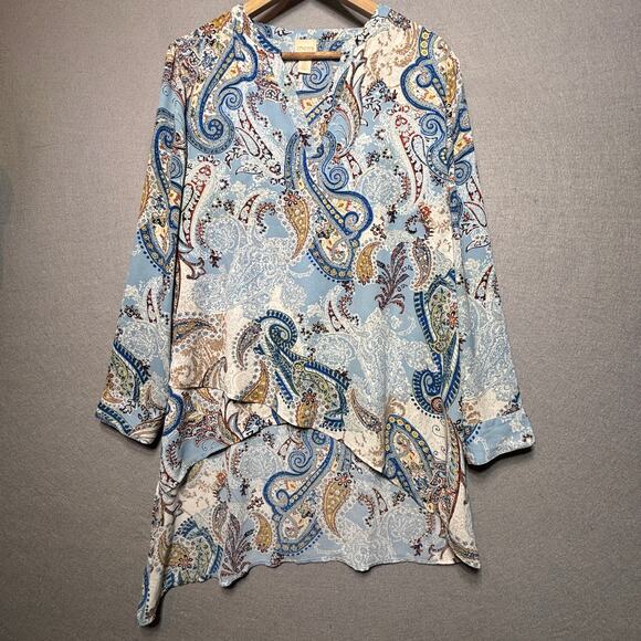 Chico’s Paisley Floral High Low Blouse 2 (12–14) Boho Retro Artsy Classic Top - Picture 1 of 8
